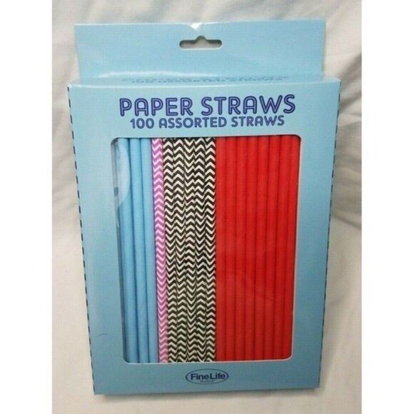 Fine Life Paper Drinking Straws 100 Count Assorted Colors Single Use 7 3/4" Long - Picture 1 of 3